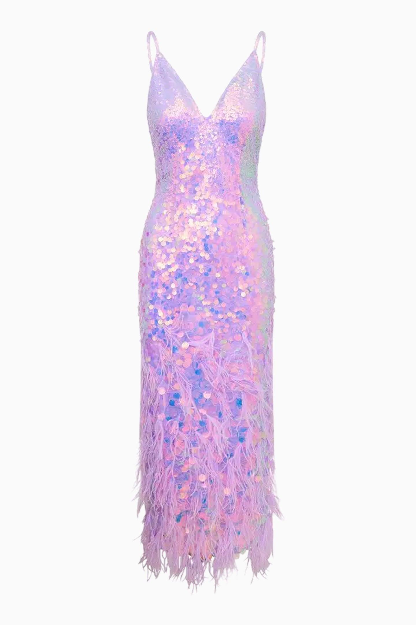 miriana iridescent midi dress with feathers LoveShackFancy Miriana Iridescent Midi Dress With Feathers For in Purple