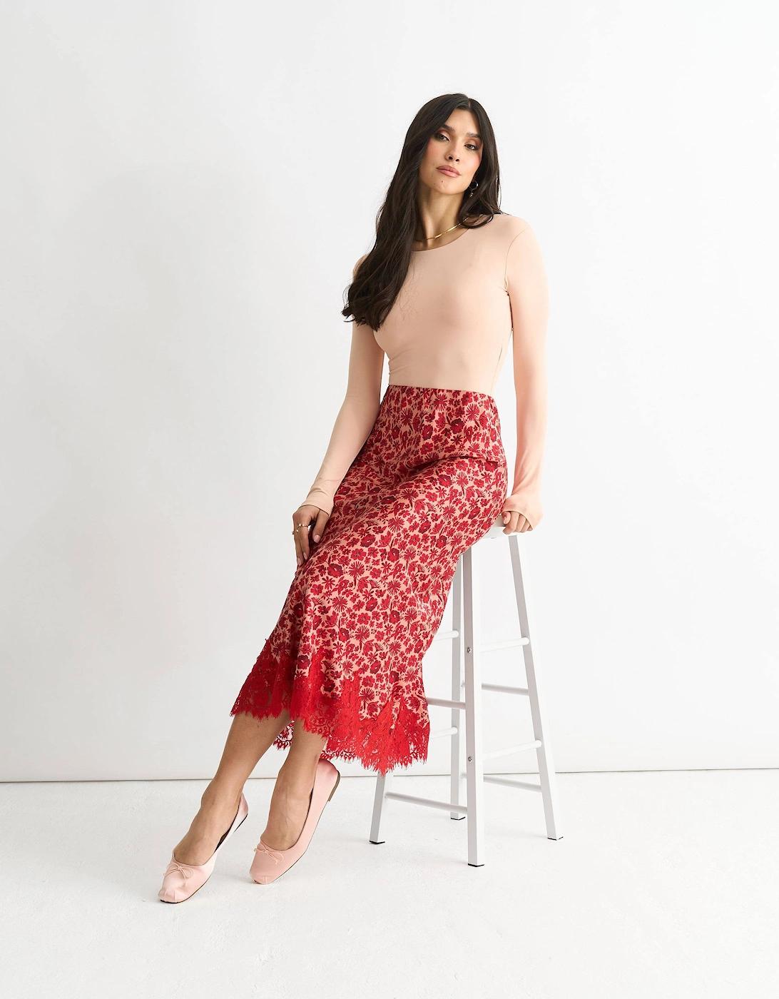 Gini London Floral Lace Trim Bias Midi Skirt in Red Lyst UK
