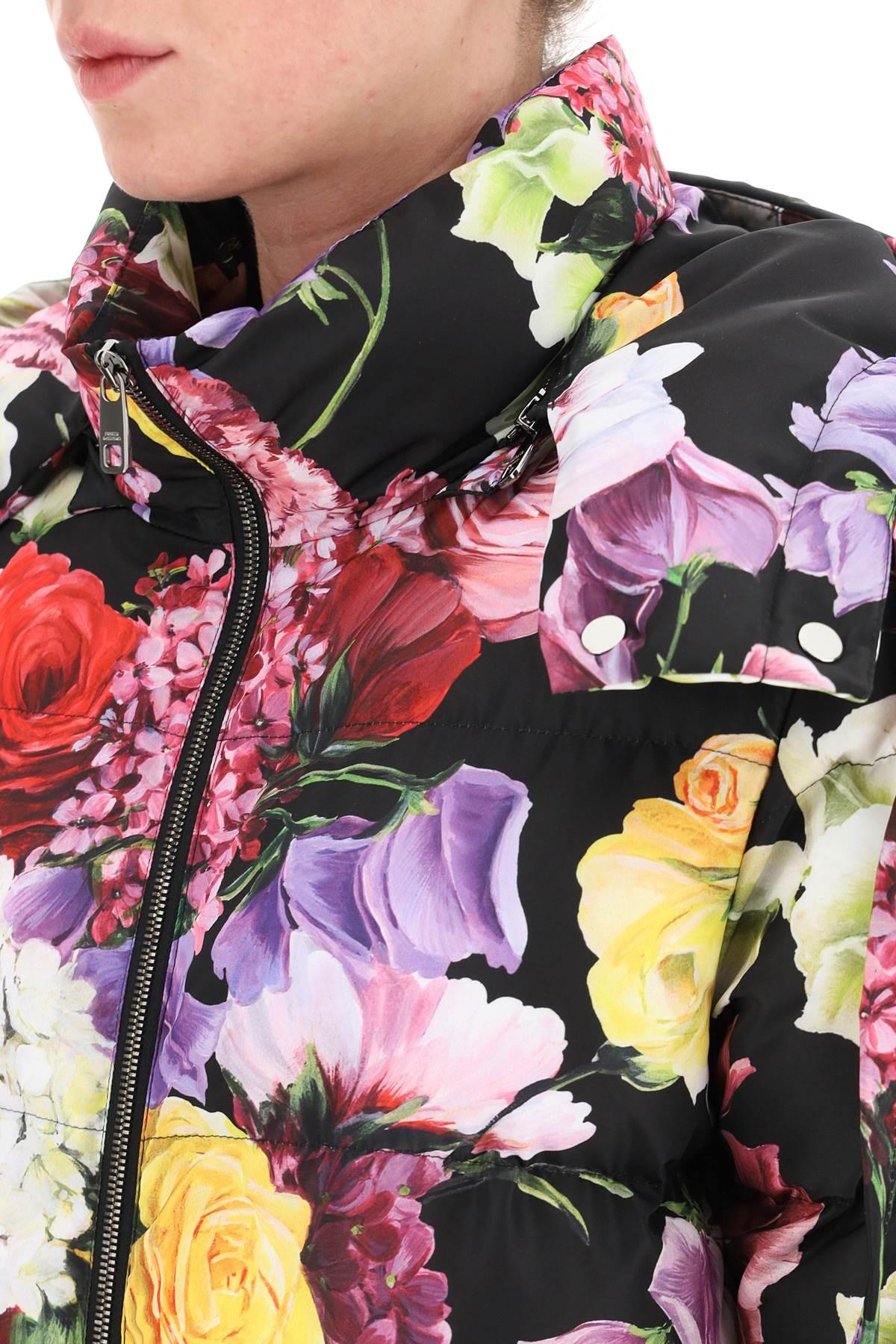 Dolce & Gabbana Short Hooded Puffer Jacket With Hydrangea And