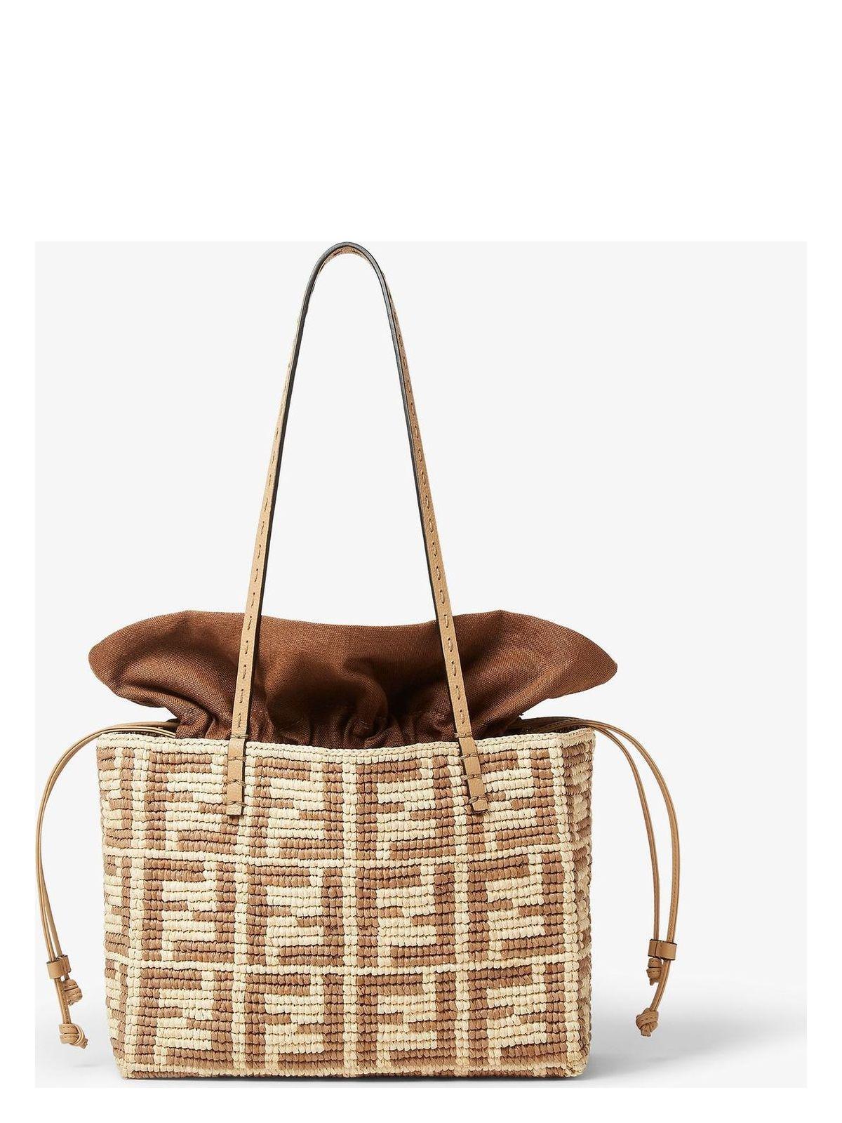 【関税&送料込】Fendi Embroidered Canvas Raffia Summer Shopp Fendi Embroidered Straw Small Roll Shopping Bag in Natural