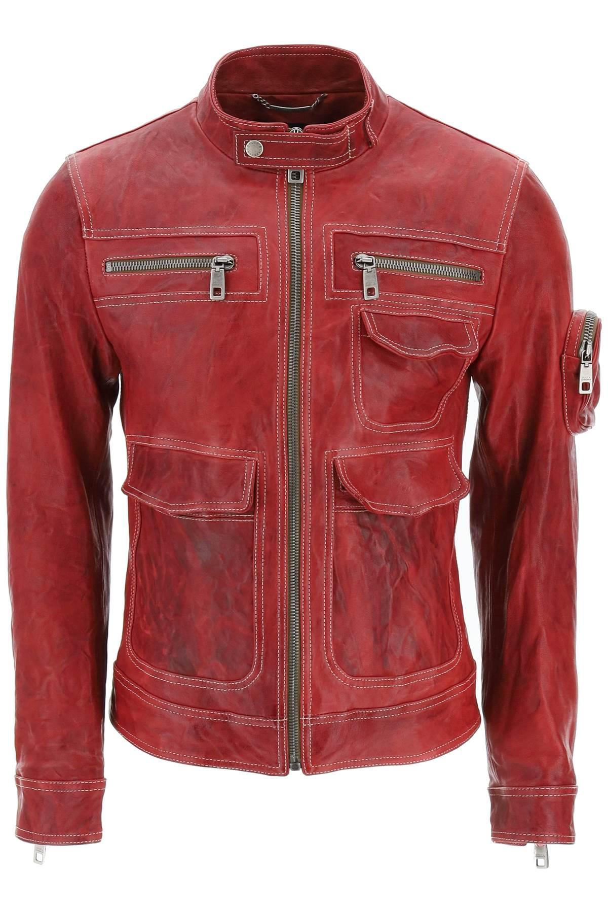 Men Dark Red Long Leather Trench 