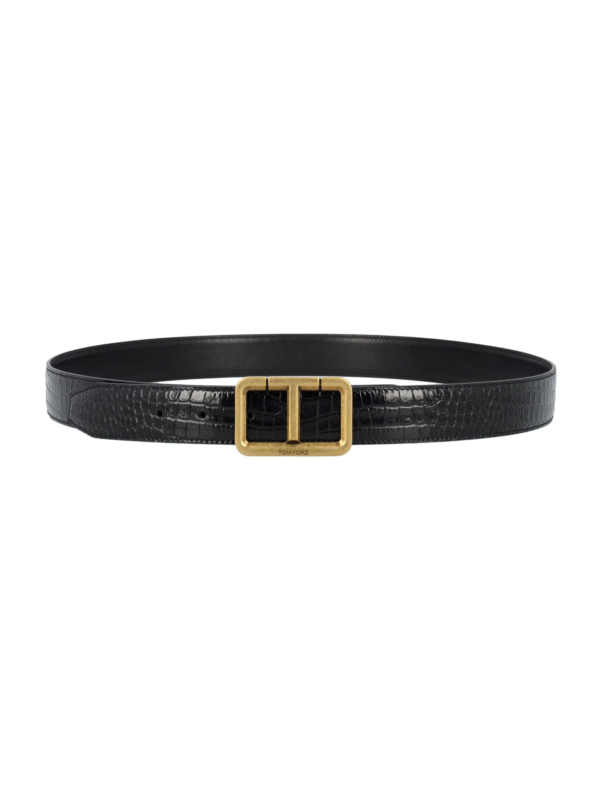 Tom Ford Glossy Printed Croc Scored T Belt in Black for Men