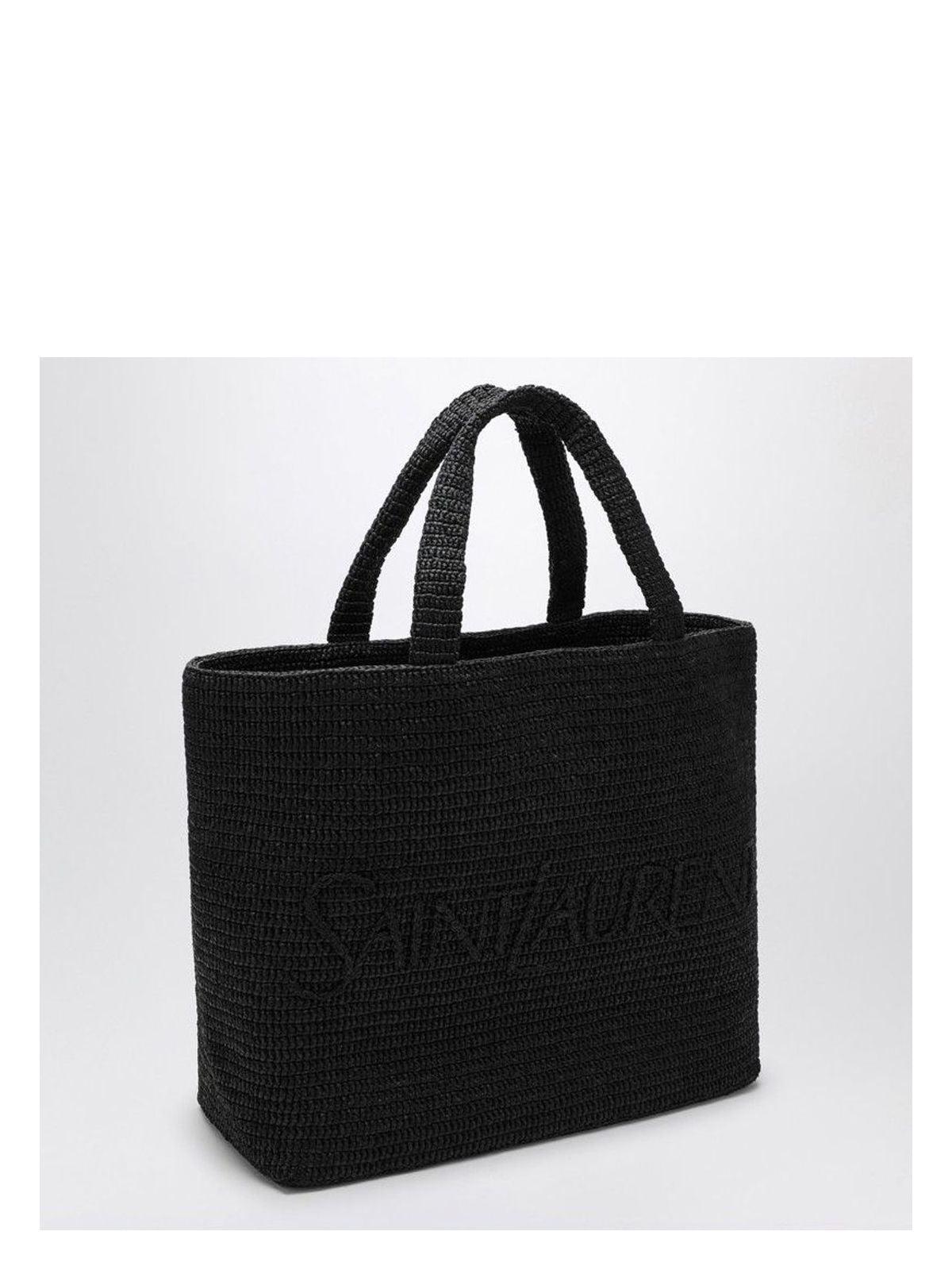 トートバッグ SAINT LAURENT BLACK RAFFIA TOTE BAG WITH LOGO Logo embroidered raffia tote bag in black - Saint Laurent