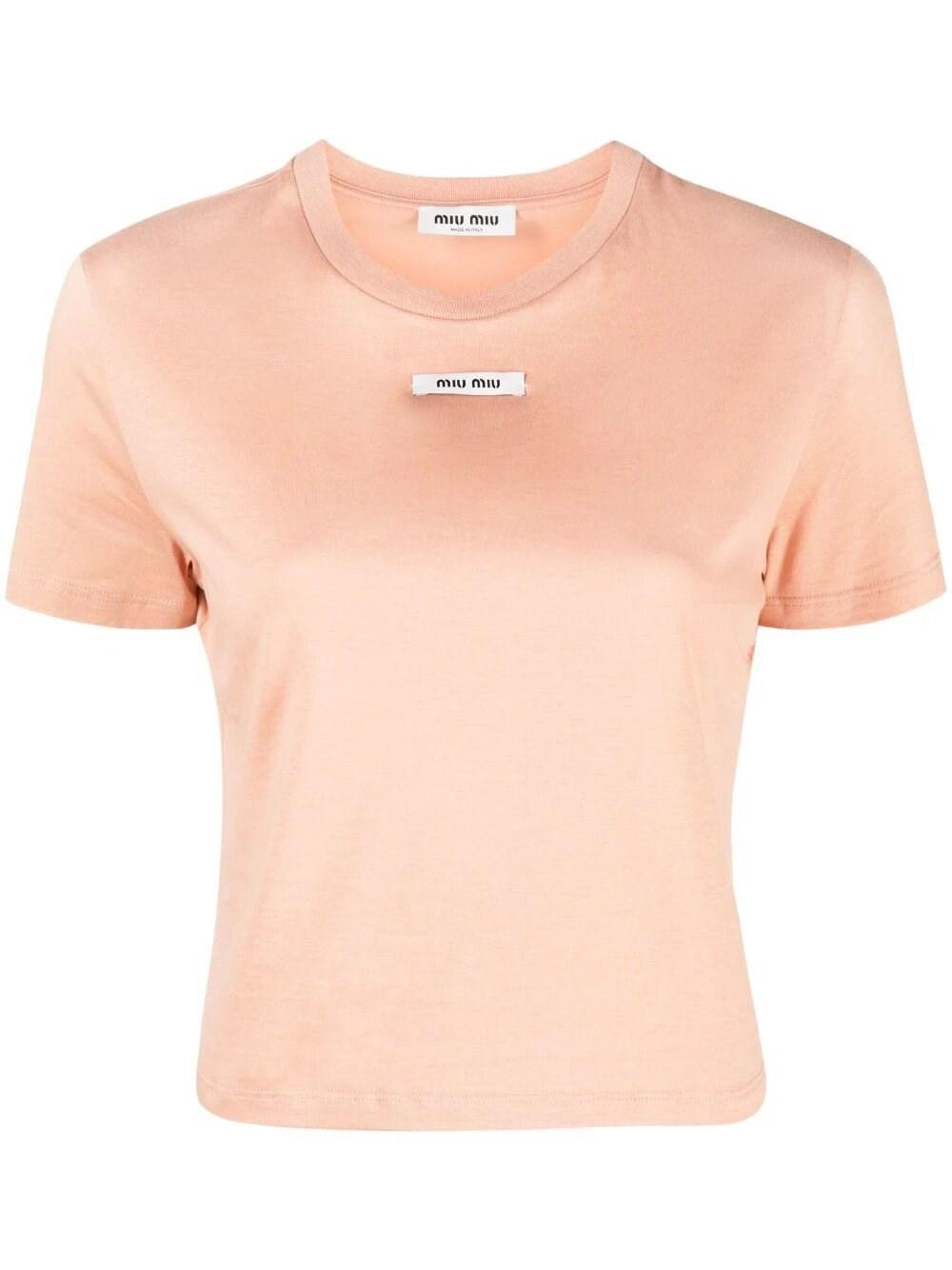 Miu Miu Logo-patch Short-sleeve T-shirt in Pink | Lyst