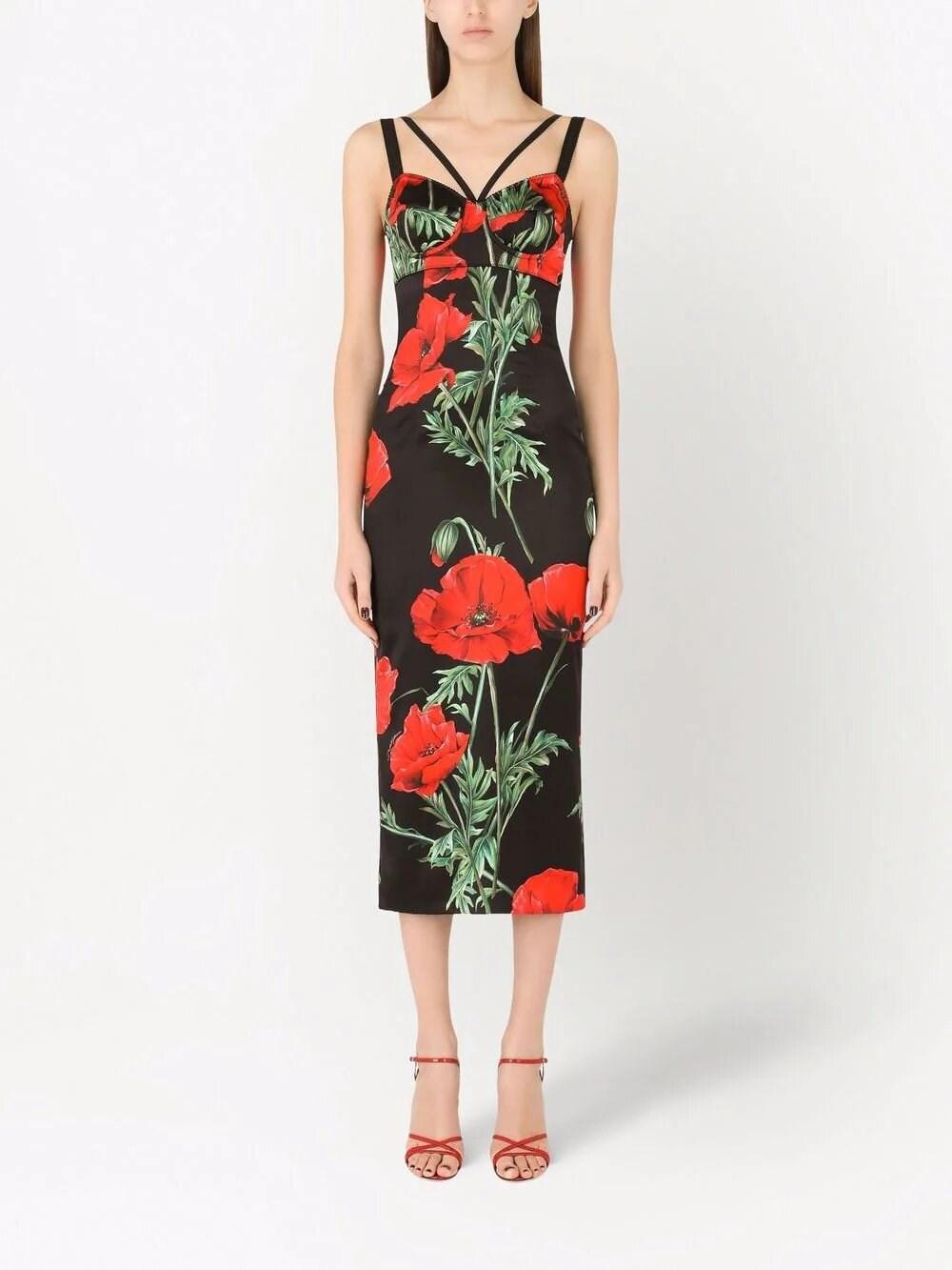Abito Bustier Longuette In Raso Stampa Papaveri di Dolce \u0026 Gabbana in Nero  | Lyst