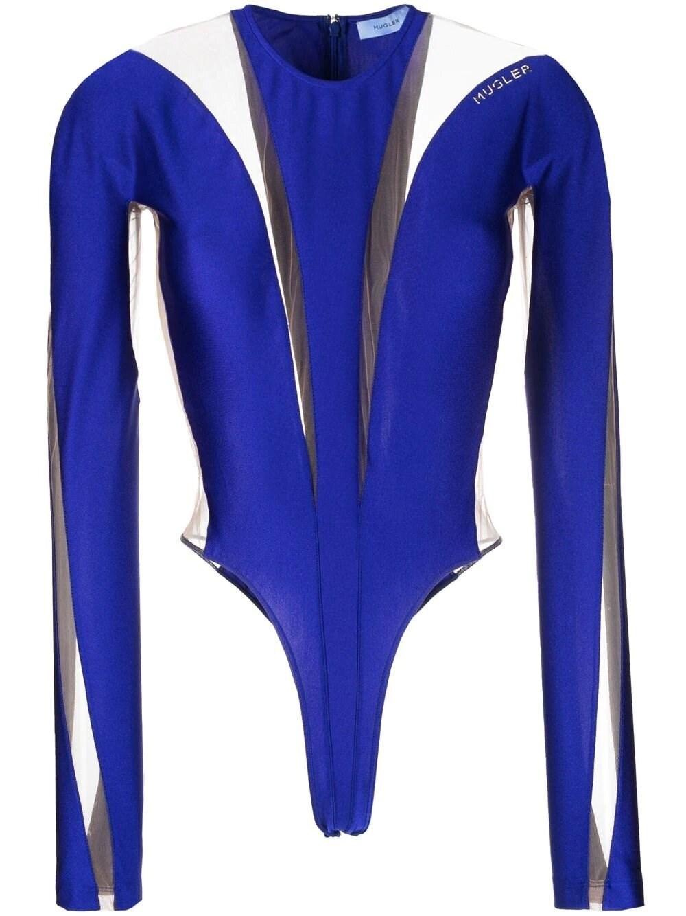 Mugler Long Sleeve Bodysuit With Sheer Panels in Blue | Lyst