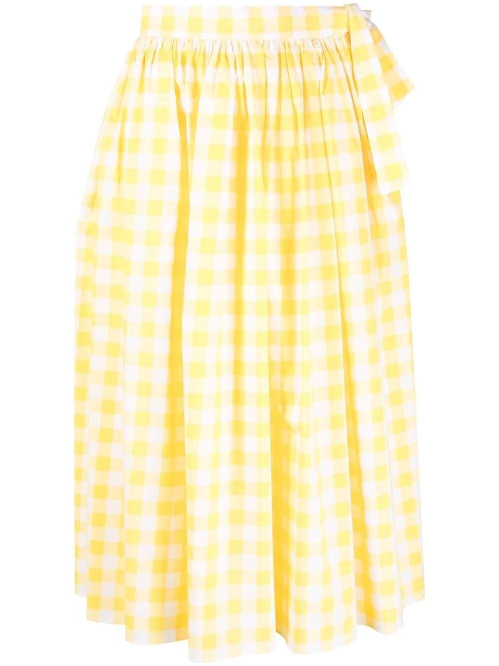 Miu Miu Cotton Gingham Check-print Midi Skirt in Yellow | Lyst