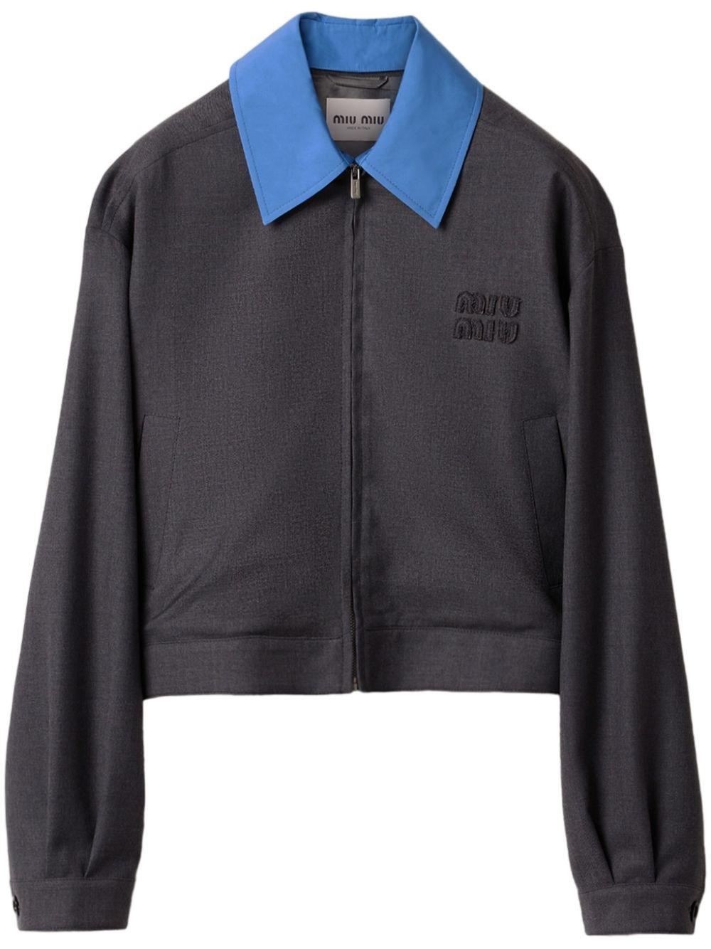 関税込 MiuMiu Gabardine trucker jacket with corduroy collar Indigo Blue Gabardine Trucker Jacket With Corduroy Collar
