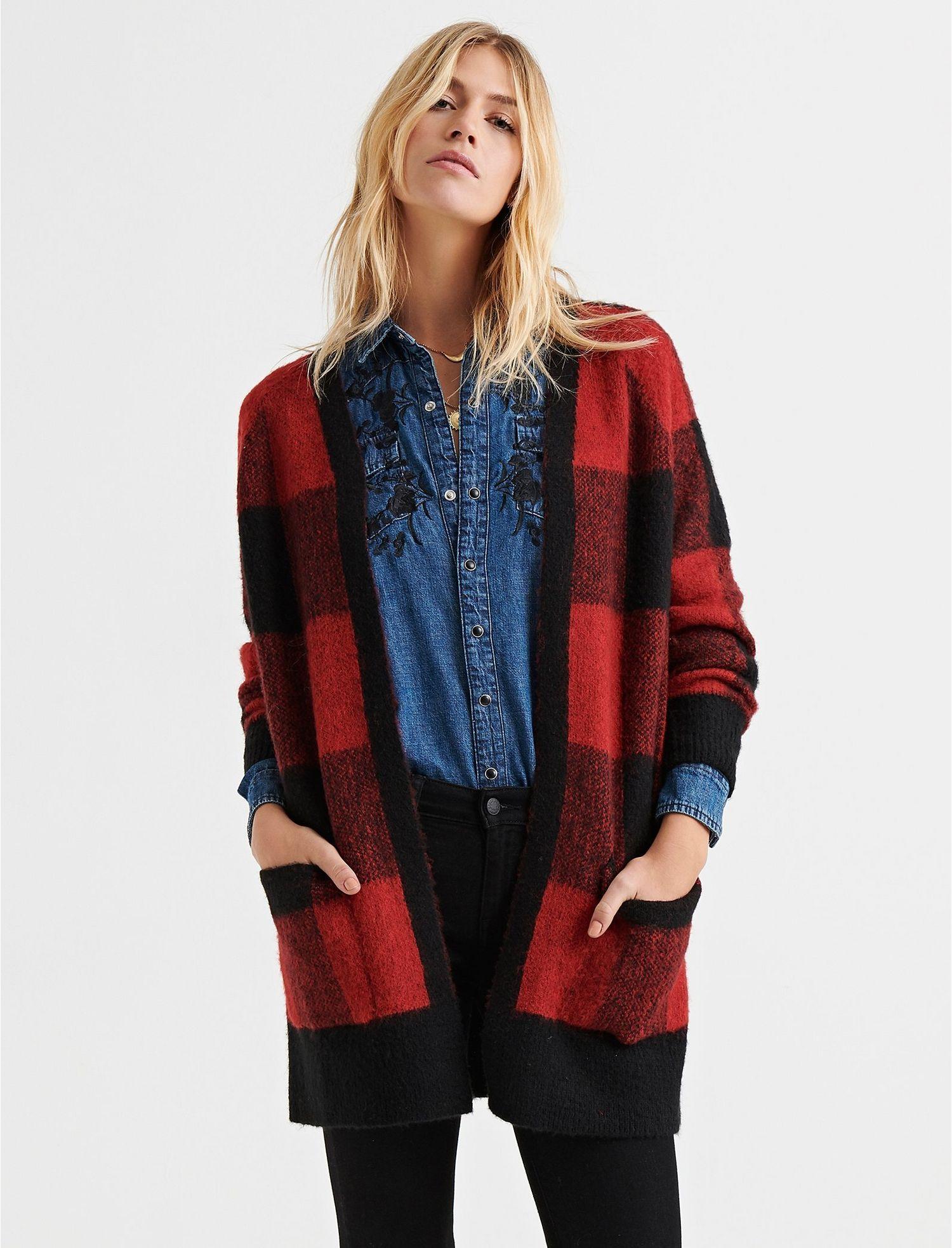 Lucky Brand Synthetic Buffalo Plaid Cardigan Sweater in Red - Lyst