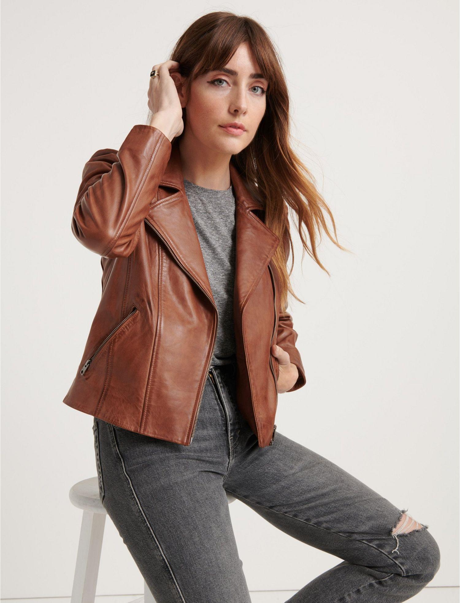 Lucky Brand Puff Sleeve Leather Moto Jacket in Brown Lyst