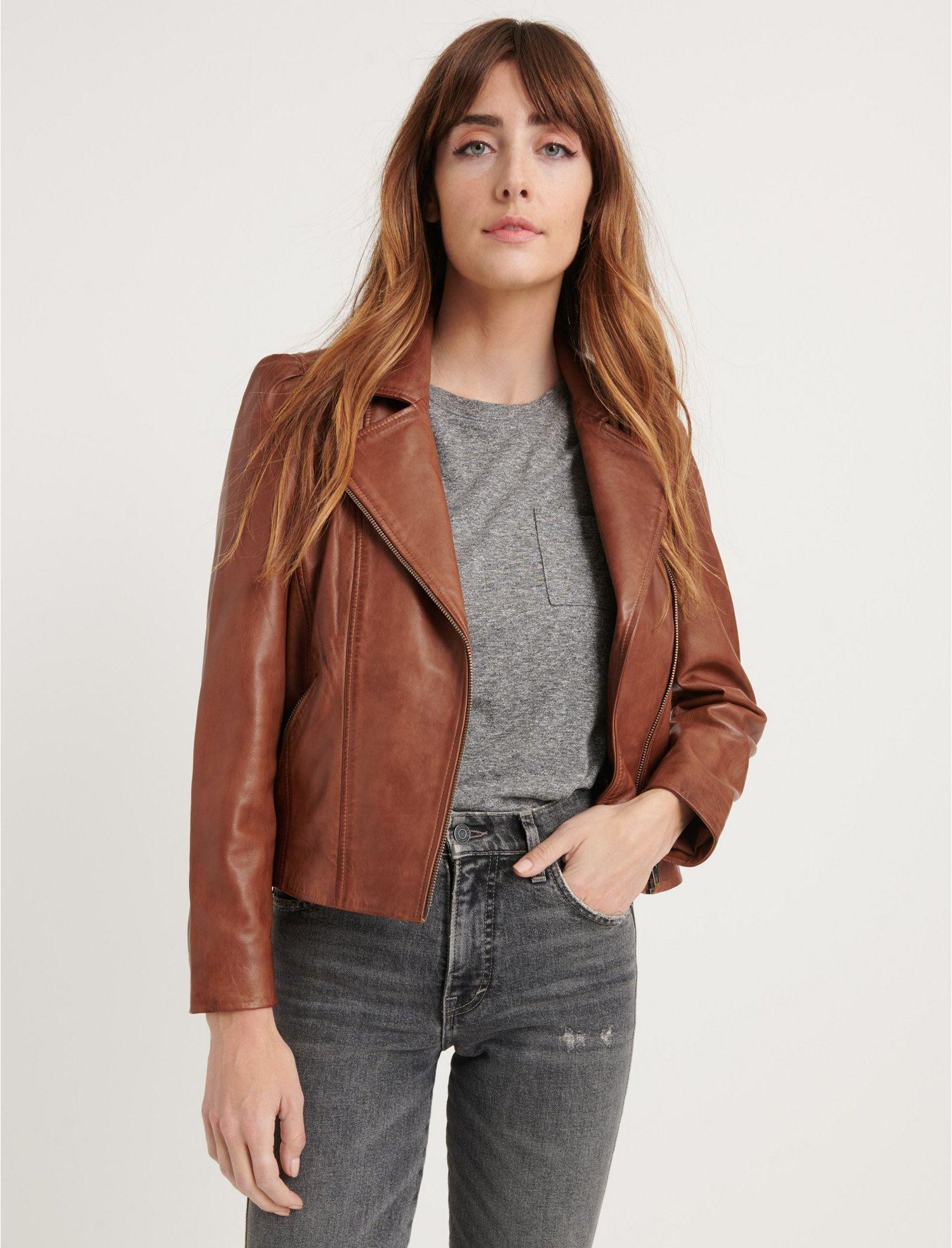 Lucky Brand Puff Sleeve Leather Moto Jacket in Brown Lyst