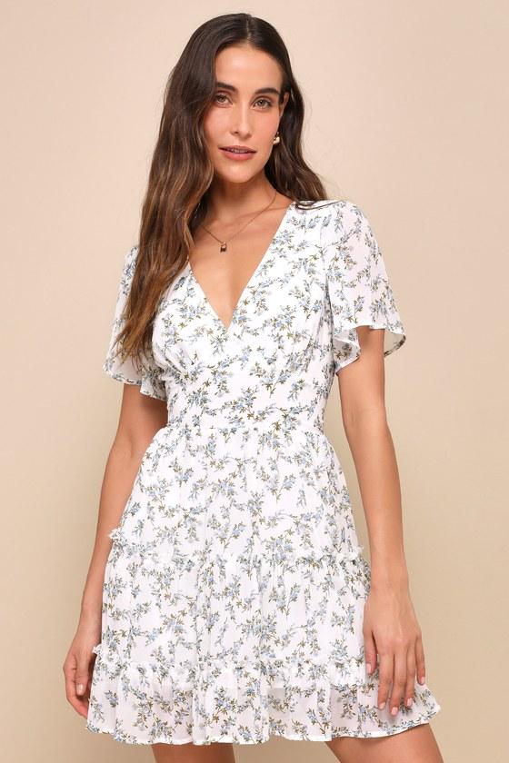 Lulus So True Floral Print Tiered Short Sleeve Mini Dress in White | Lyst UK