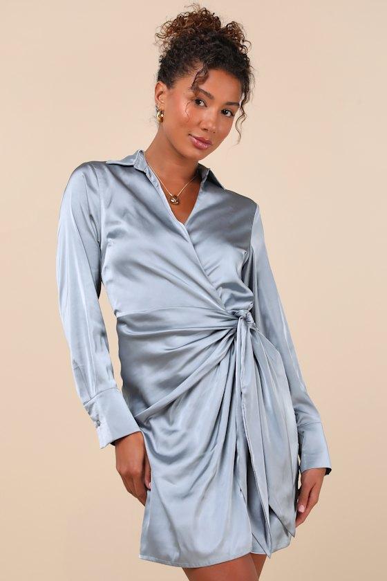 Satin Dress Slate Blue Mini Dress Michelle Mason Mini Shift Dress