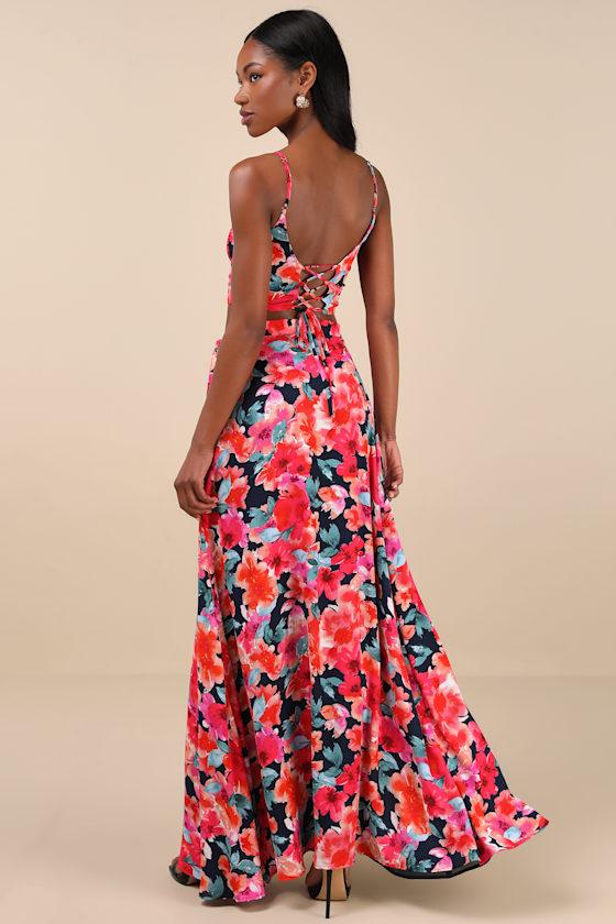 Red Floral Lulus Two Piece Maxi Dress Coral Dress With Flowers