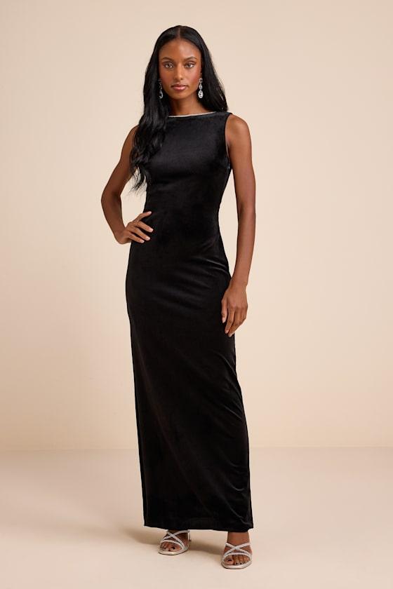 black velvet dress with rhinestone bows Lulus Barisan Bow Backless Maxi in The plush velvet fabric