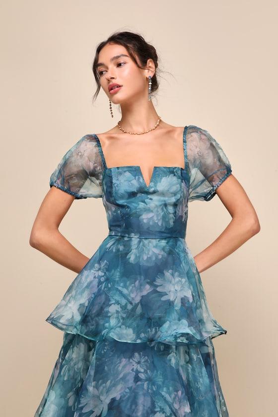 darling vision teal floral organza puff sleeve tiered midi dress Lulus Darling Vision Floral Organza Puff Sleeve Tiered Midi Dress in Blue