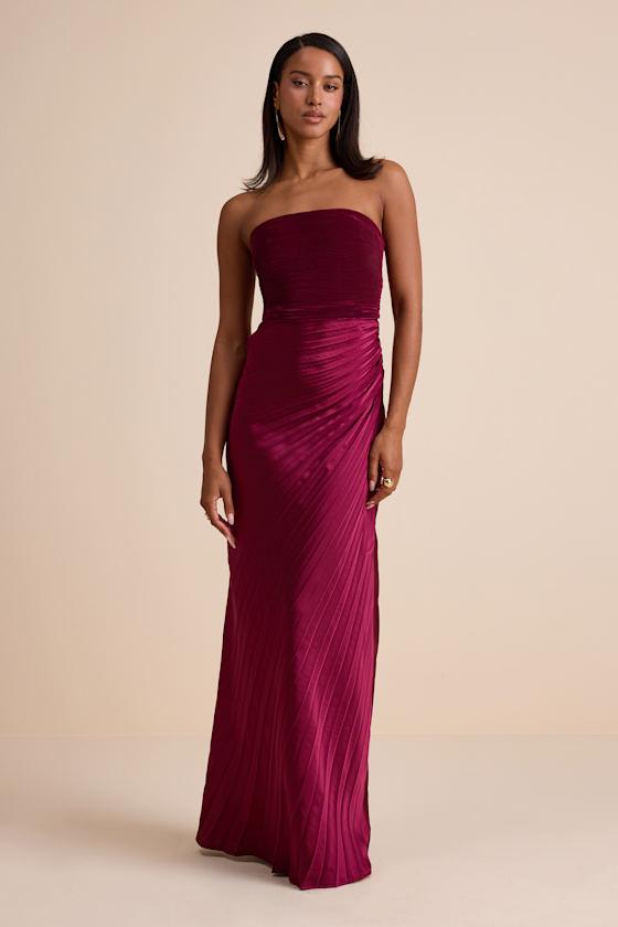 Lulus Nyrah Satin Pleated Strapless Maxi Dress in Red | Lyst