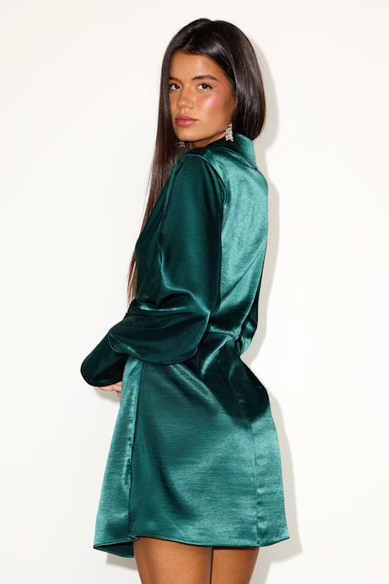 Lulus Rumaria Emerald Satin Faux-Wrap Mini Dress in Green | Lyst