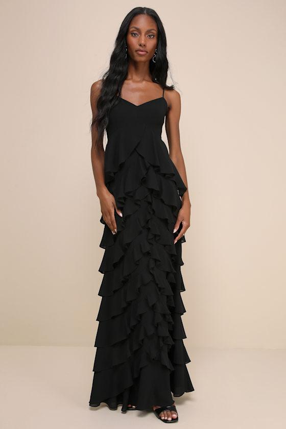 Tiered Dress Black Prom Dress Lulus Lulus Rule The Runway Black Tulle  Bustier Tiered Maxi Dress