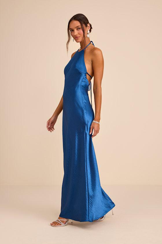 lulus halter dress Margaret Women's Cocktail Maxi Dress, Magenta, Extra Small 3% Spandex Navy Blue Ruffled Halter Maxi