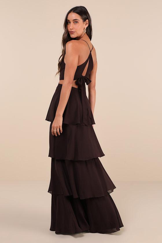 Lulus Tier And Now Dark Tie-Back Tiered Maxi Dress in Black | Lyst
