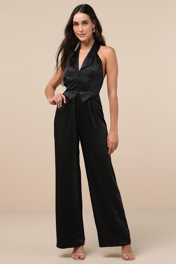 Lulus Sensationally Sophisticated Satin Halter Vest Jumpsuit in