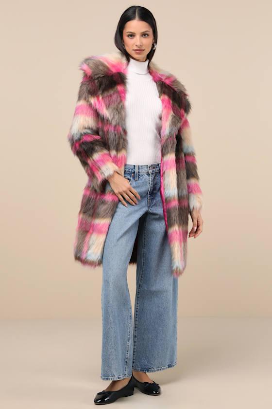 NVLT Fancy And Plaid Faux Fur Coat in Pink Lyst UK
