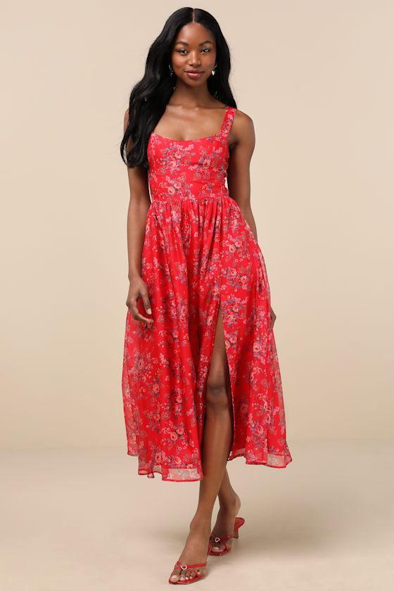 Lulus Francesca Floral Sleeveless Midi Dress in Red Lyst UK