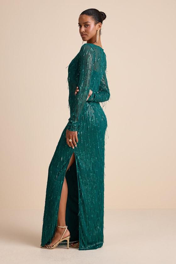 Lulus Sheer Fascination Emerald Sheer Mesh Sequin Fringe Maxi Dress in Green  | Lyst