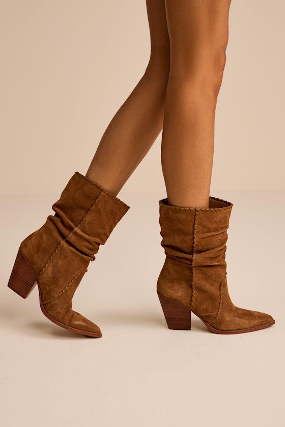 Dolce Vita Julith Suede Stitched Slouchy Mid-Calf Boots in Brown
