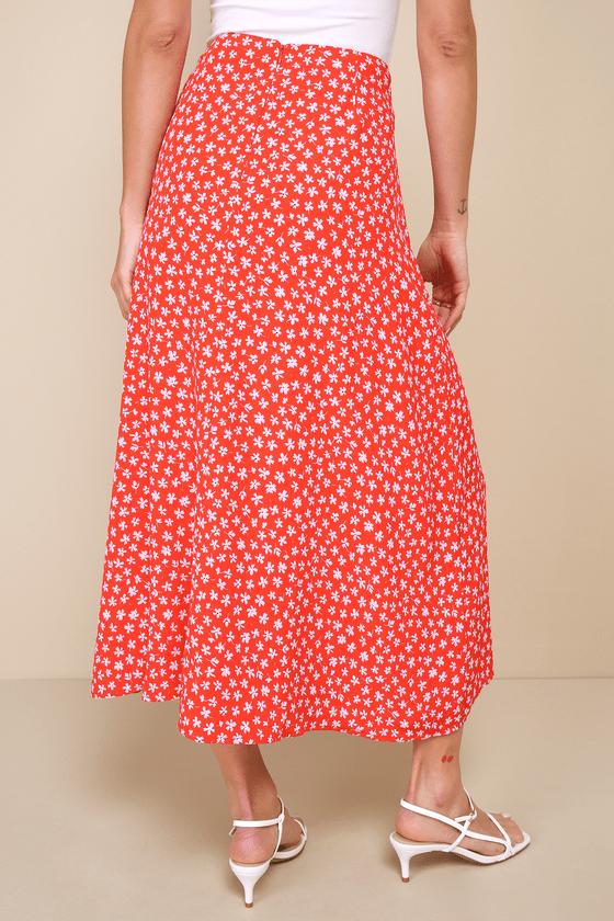 Lulus Cute Desires Ditsy Floral Print High-Rise Midi Skirt in Pink