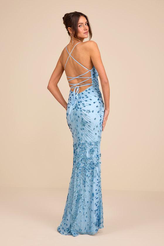 Lulus Photo Finish Sequin Lace-Up Maxi Dress in Blue | Lyst