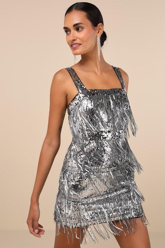 Lulus Fringe Fashion Sequin Fringe Bodycon Mini Dress in Grey