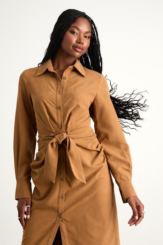 Lulus Autumnal Views Suede Button-Up Tie-Front Midi Dress in Brown
