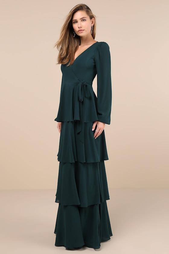 slim fit dress slacks Leslie Bottle Green Long-Sleeve Twisted Split Maxi Dress – Club L London main image 0