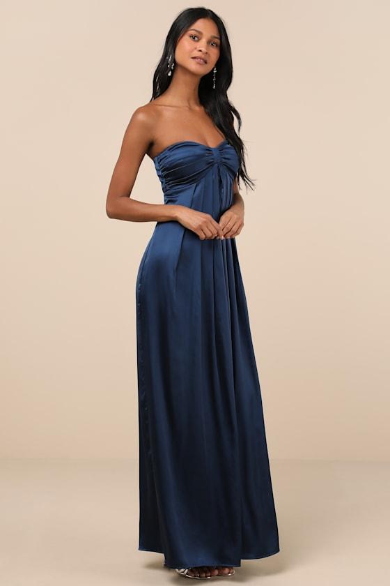 after hours light blue strapless ruffled maxi dress Strapless Ruched Ruffle Maxi Dress in Blue