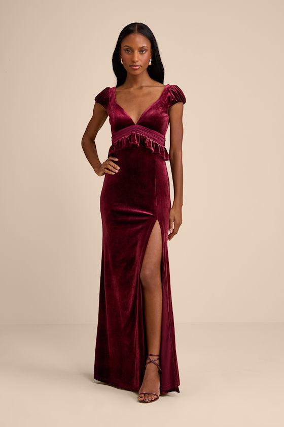 lulus velvet burgundy dress Burgundy Velvet Dress - Tulip Maxi Dress - Lace-Up Maxi Dress