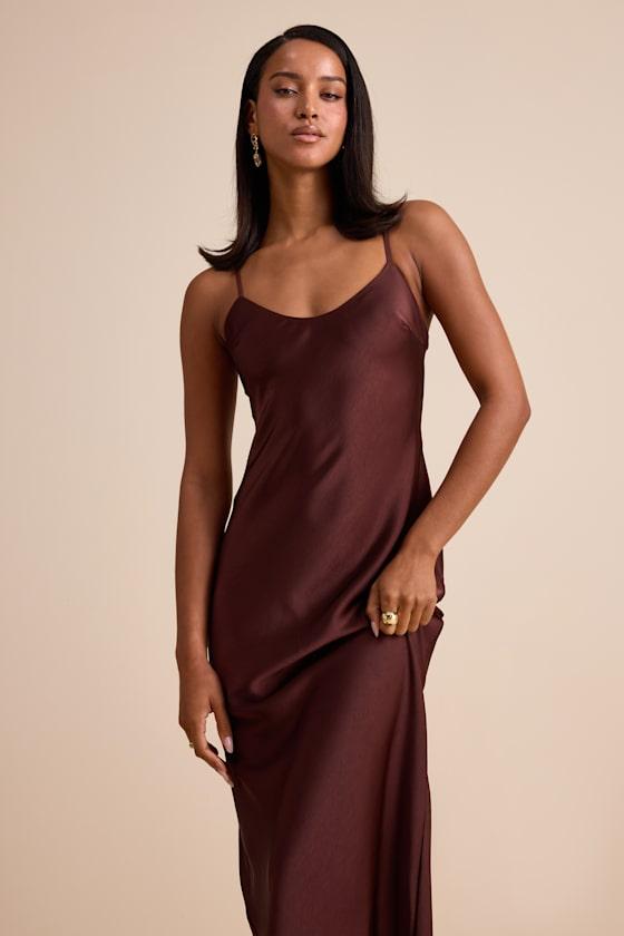 Lace Slip Black Long Slip Dress Silk Lulus Janet Satin Slip Maxi Dress In  Brown Lyst