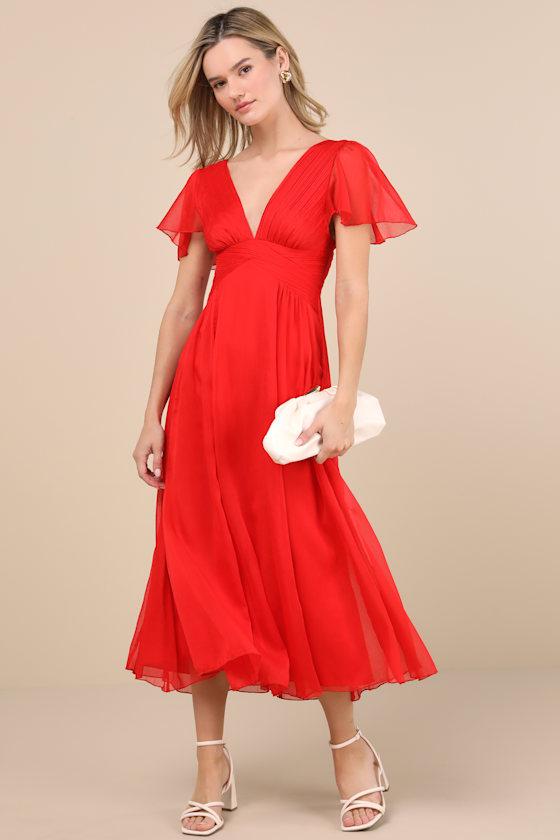 Lulus Ideal Perception Flutter Sleeve Chiffon Midi Dress in Red