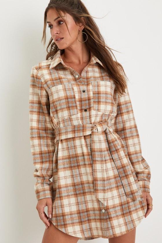 Lulus Plaid Behavior And Plaid Long Sleeve Mini Dress in Natural - Main Image