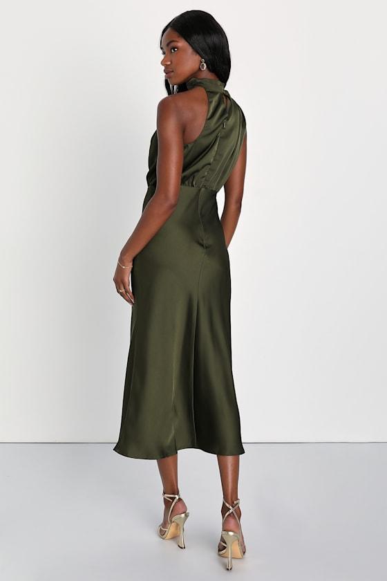 Lulus Distinctive Charm Satin Asymmetrical Midi Dress in Brown