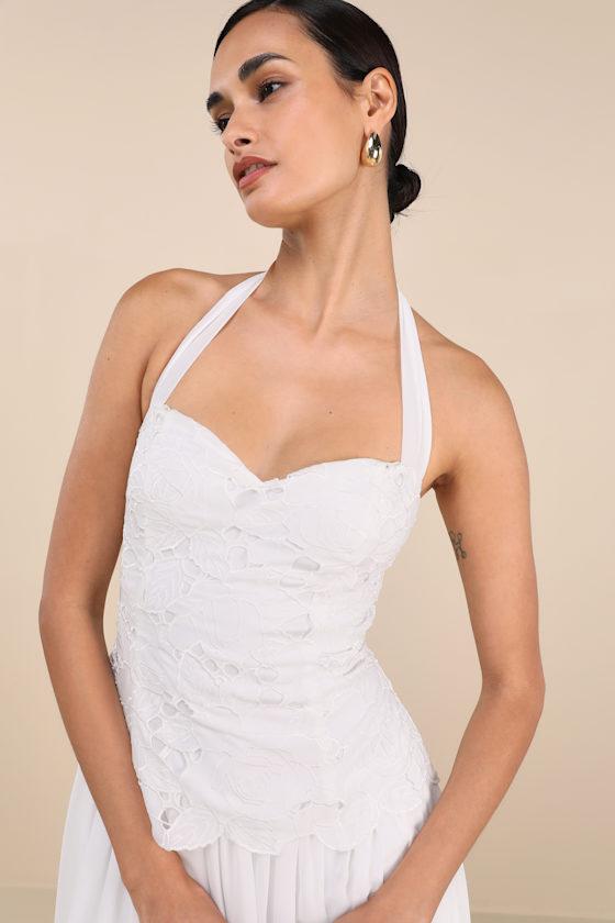 Lulus Alysanne Embroidered Drop Waist Halter Midi Dress in White | Lyst