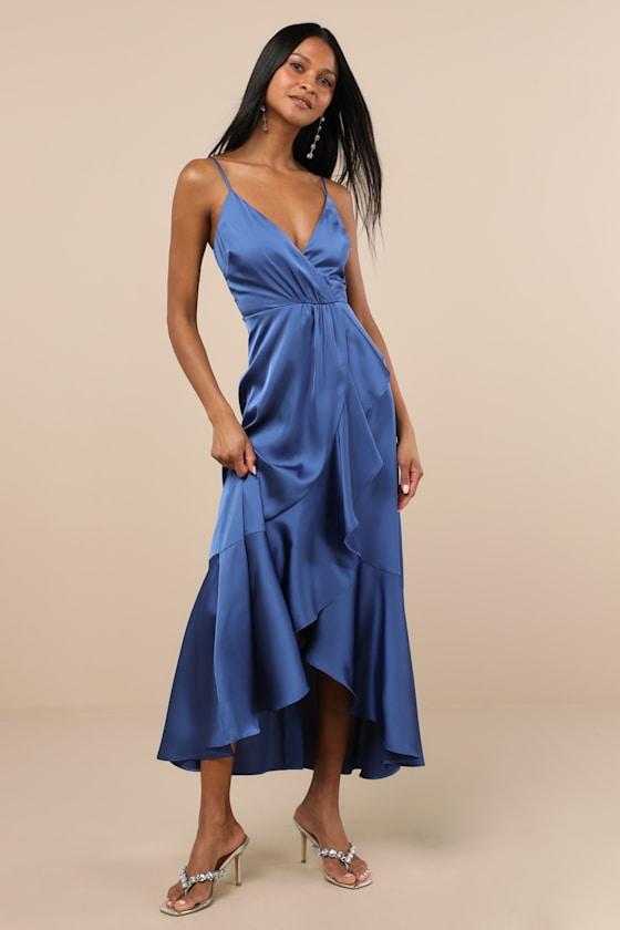 Lulus Enchanted Moments Satin Ruffled High-Low Dress in Blue | Lyst UK