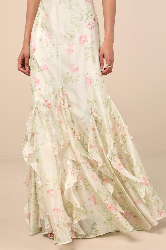 Lulus Deluca Cream Floral Sleeveless Ruffled Maxi Dress in Green | Lyst