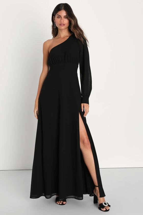 sachin and babi light blue dress Velvet Gathered One Shoulder Maxi Dress - Black | Black Tie
