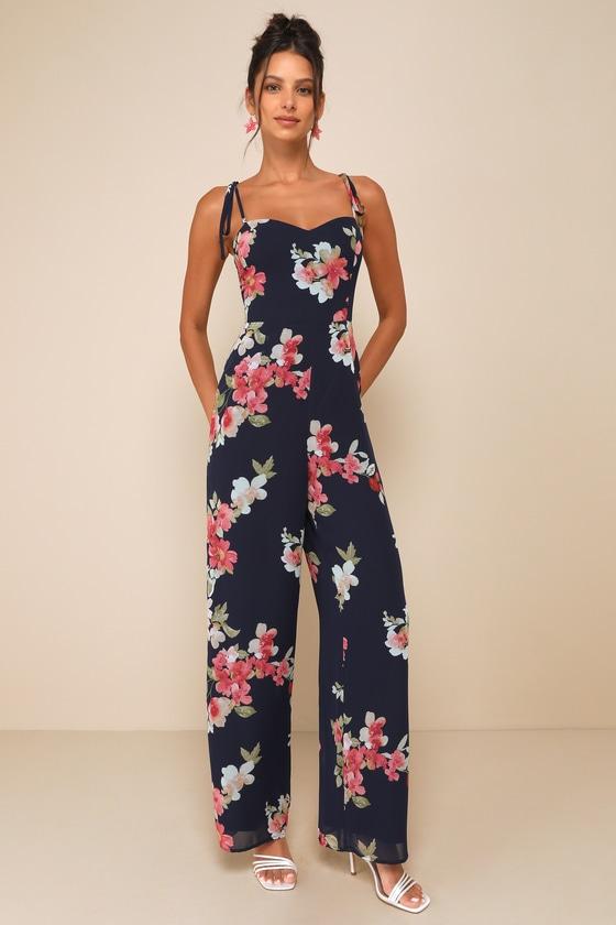 Lulus Stylish Certainty Floral Tie Strap Wide Leg Jumpsuit in Blue Lyst UK