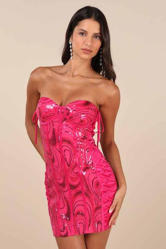 hot pink nye dress ZAPAKA Women Hot Pink Prom Dress Mermaid Halter Sequin Evening Dress With Slit, Fuchsia / US16W