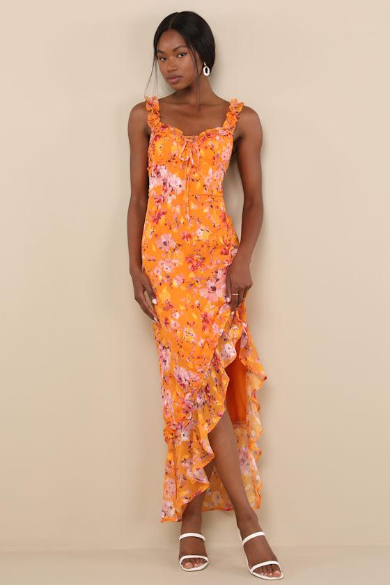 Lulus Lovable Spirit Floral Burnout Ruffled High-Low Maxi Dress in Orange |  Lyst