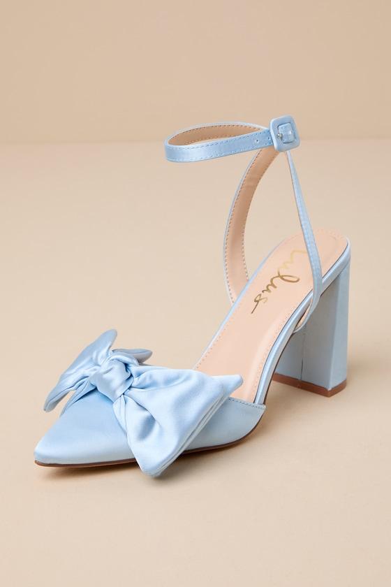 Lulus Suttonn Satin Bow Ankle Strap Pointed-Toe Pumps in Blue