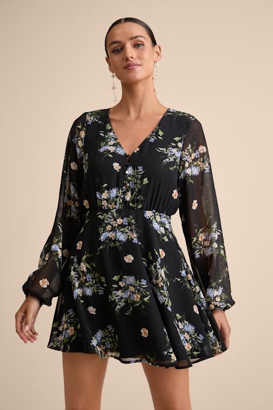 Lulus Always Your Floral Print Long Sleeve Skater Dress in Black | Lyst